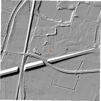 Shaded relief map of the ground around YO88FQ, computed from Environment Agency LiDAR. The ground here sits at about 6 m above sea level and falls 13 m across the surrounding 800 m. Surface water reaching this point runs off ground lying to the west, 0.8 m higher.