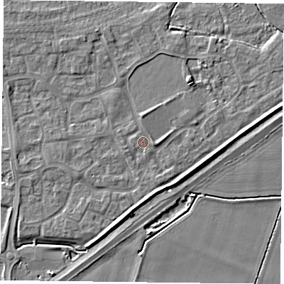 Shaded relief map of the ground around YO88FR, computed from Environment Agency LiDAR. The ground here sits at about 6 m above sea level and falls 5 m across the surrounding 800 m. Surface water reaching this point runs off ground lying to the west-north-west, 0.5 m higher.