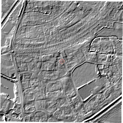 Shaded relief map of the ground around YO88FS, computed from Environment Agency LiDAR. The ground here sits at about 6 m above sea level and falls 5 m across the surrounding 800 m. Surface water reaching this point runs off ground lying to the west-north-west, 1.3 m higher.