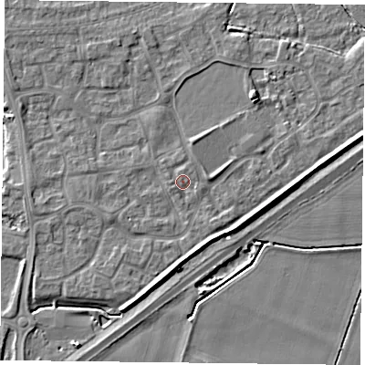 Shaded relief map of the ground around YO88FT, computed from Environment Agency LiDAR. The ground here sits at about 6 m above sea level and falls 5 m across the surrounding 800 m. Surface water reaching this point runs off ground lying to the north, 1.0 m higher.