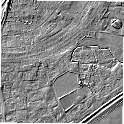 Shaded relief map of the ground around YO88FU, computed from Environment Agency LiDAR. The ground here sits at about 6 m above sea level and falls 6 m across the surrounding 800 m. Surface water reaching this point runs off ground lying to the west, 1.8 m higher.