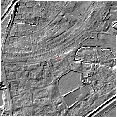 Shaded relief map of the ground around YO88FW, computed from Environment Agency LiDAR. The ground here sits at about 6 m above sea level and falls 6 m across the surrounding 800 m. Surface water reaching this point runs off ground lying to the south, 0.8 m higher.