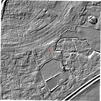 Shaded relief map of the ground around YO88FX, computed from Environment Agency LiDAR. The ground here sits at about 6 m above sea level and falls 6 m across the surrounding 800 m. Surface water reaching this point runs off ground lying to the west, 1.8 m higher.