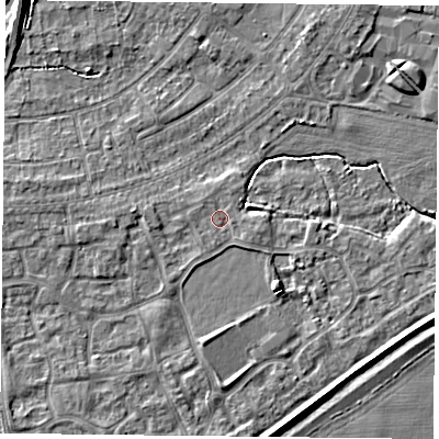 Shaded relief map of the ground around YO88FY, computed from Environment Agency LiDAR. The ground here sits at about 6 m above sea level and falls 6 m across the surrounding 800 m. Surface water reaching this point runs off ground lying to the west, 1.8 m higher.