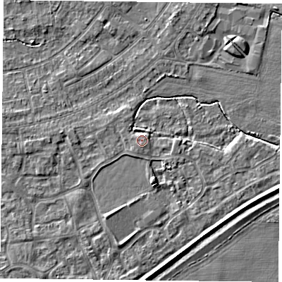 Shaded relief map of the ground around YO88FZ, computed from Environment Agency LiDAR. The ground here sits at about 6 m above sea level and falls 5 m across the surrounding 800 m. Surface water reaching this point runs off ground lying to the north-east, 2.1 m higher.
