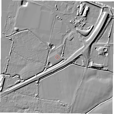 Shaded relief map of the ground around YO88GA, computed from Environment Agency LiDAR. The ground here sits at about 5 m above sea level and falls 10 m across the surrounding 800 m. Surface water reaching this point runs off ground lying to the east-north-east, 2.7 m higher.