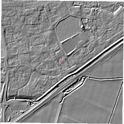 Shaded relief map of the ground around YO88GB, computed from Environment Agency LiDAR. The ground here sits at about 6 m above sea level and falls 5 m across the surrounding 800 m. Surface water reaching this point runs off ground lying to the north-east, 1.4 m higher.