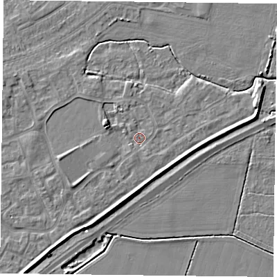 Shaded relief map of the ground around YO88GE, computed from Environment Agency LiDAR. The ground here sits at about 6 m above sea level and falls 6 m across the surrounding 800 m. Surface water reaching this point runs off ground lying to the west-south-west, 1.3 m higher.