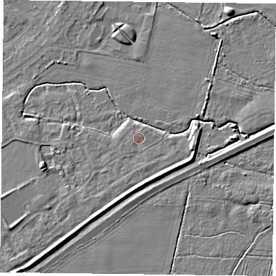 Shaded relief map of the ground around YO88GF, computed from Environment Agency LiDAR. The ground here sits at about 6 m above sea level and falls 6 m across the surrounding 800 m. Surface water reaching this point runs off ground lying to the south-south-east, 0.7 m higher.