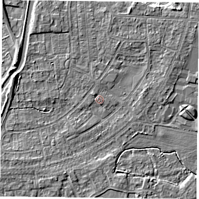 Shaded relief map of the ground around YO88GH, computed from Environment Agency LiDAR. The ground here sits at about 6 m above sea level and falls 6 m across the surrounding 800 m. Surface water reaching this point runs off ground lying to the west-north-west, 4.9 m higher.
