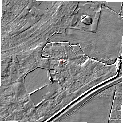 Shaded relief map of the ground around YO88GL, computed from Environment Agency LiDAR. The ground here sits at about 6 m above sea level and falls 6 m across the surrounding 800 m. Surface water reaching this point runs off ground lying to the west, 1.8 m higher.