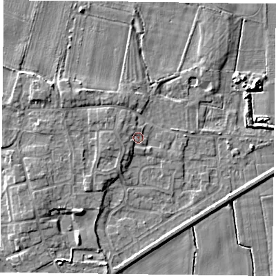 Shaded relief map of the ground around YO88GN, computed from Environment Agency LiDAR. The ground here sits at about 5 m above sea level and falls 5 m across the surrounding 800 m. Surface water reaching this point runs off ground lying to the west, 1.9 m higher.