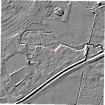 Shaded relief map of the ground around YO88GP, computed from Environment Agency LiDAR. The ground here sits at about 6 m above sea level and falls 6 m across the surrounding 800 m. Surface water reaching this point runs off ground lying to the west-south-west, 3.8 m higher.