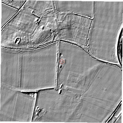 Shaded relief map of the ground around YO88GR, computed from Environment Agency LiDAR. The ground here sits at about 5 m above sea level and falls 6 m across the surrounding 800 m. Surface water reaching this point runs off ground lying to the south-south-west, 1.6 m higher.