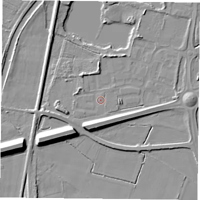 Shaded relief map of the ground around YO88GS, computed from Environment Agency LiDAR. The ground here sits at about 6 m above sea level and falls 13 m across the surrounding 800 m. Surface water reaching this point runs off ground lying to the south-south-west, 8.0 m higher.
