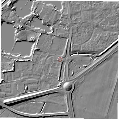 Shaded relief map of the ground around YO88GT, computed from Environment Agency LiDAR. The ground here sits at about 5 m above sea level and falls 11 m across the surrounding 800 m. Surface water reaching this point runs off ground lying to the south-west, 8.7 m higher.