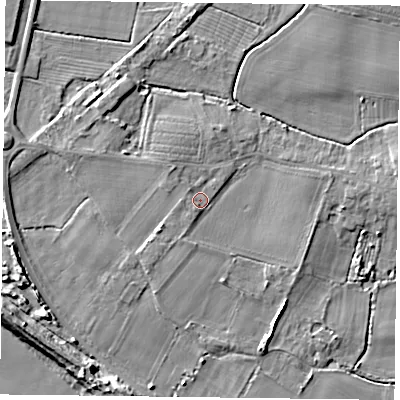 Shaded relief map of the ground around YO88GU, computed from Environment Agency LiDAR. The ground here sits at about 5 m above sea level and falls 7 m across the surrounding 800 m. Surface water reaching this point runs off ground lying to the south-east, 3.5 m higher.