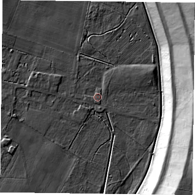 Shaded relief map of the ground around YO88GX, computed from Environment Agency LiDAR. The ground here sits at about 5 m above sea level and falls 35 m across the surrounding 800 m. Surface water reaching this point runs off ground lying to the east-north-east, 2.5 m higher.