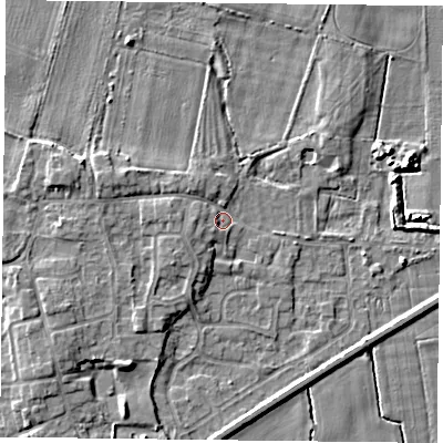 Shaded relief map of the ground around YO88HD, computed from Environment Agency LiDAR. The ground here sits at about 5 m above sea level and falls 5 m across the surrounding 800 m. Surface water reaching this point runs off ground lying to the west-north-west, 3.0 m higher.
