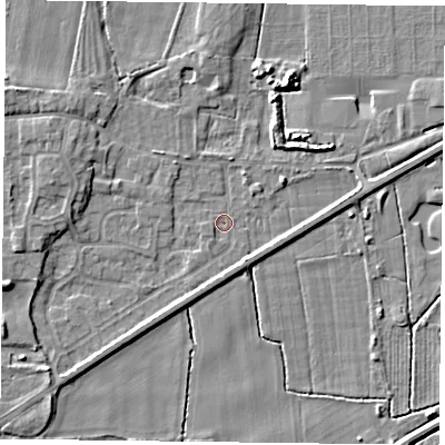 Shaded relief map of the ground around YO88HF, computed from Environment Agency LiDAR. The ground here sits at about 4 m above sea level and falls 5 m across the surrounding 800 m. Surface water reaching this point runs off ground lying to the north-east, 3.2 m higher.
