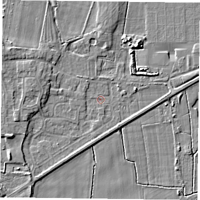 Shaded relief map of the ground around YO88HG, computed from Environment Agency LiDAR. The ground here sits at about 4 m above sea level and falls 5 m across the surrounding 800 m. Surface water reaching this point runs off ground lying to the west-north-west, 3.3 m higher.
