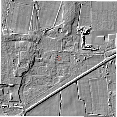 Shaded relief map of the ground around YO88HQ, computed from Environment Agency LiDAR. The ground here sits at about 4 m above sea level and falls 5 m across the surrounding 800 m. Surface water reaching this point runs off ground lying to the west-north-west, 1.3 m higher.