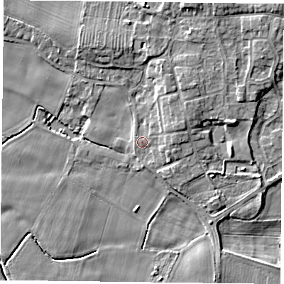 Shaded relief map of the ground around YO88HR, computed from Environment Agency LiDAR. The ground here sits at about 5 m above sea level and falls 6 m across the surrounding 800 m. Surface water reaching this point runs off ground lying to the east, 2.1 m higher.