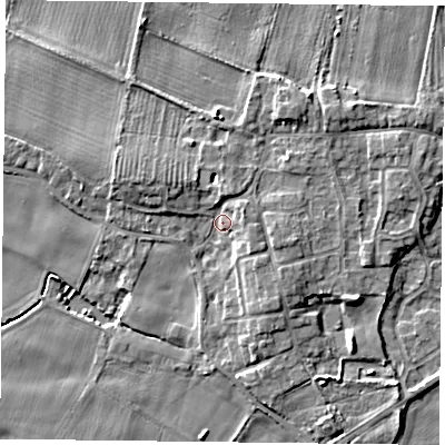 Shaded relief map of the ground around YO88HS, computed from Environment Agency LiDAR. The ground here sits at about 6 m above sea level and falls 6 m across the surrounding 800 m. Surface water reaching this point runs off ground lying to the east-north-east, 2.4 m higher.