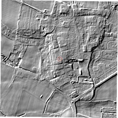 Shaded relief map of the ground around YO88HW, computed from Environment Agency LiDAR. The ground here sits at about 7 m above sea level and falls 6 m across the surrounding 800 m. Surface water reaching this point runs off ground lying to the south-east, 0.6 m higher.