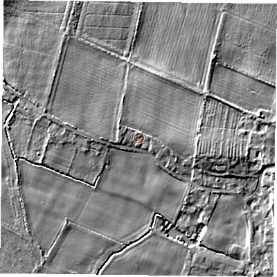 Shaded relief map of the ground around YO88HY, computed from Environment Agency LiDAR. The ground here sits at about 5 m above sea level and falls 6 m across the surrounding 800 m. Surface water reaching this point runs off ground lying to the east, 1.3 m higher.