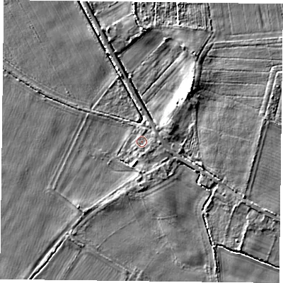 Shaded relief map of the ground around YO88HZ, computed from Environment Agency LiDAR. The ground here sits at about 4 m above sea level and falls 5 m across the surrounding 800 m. Surface water reaching this point runs off ground lying to the east-north-east, 1.1 m higher.