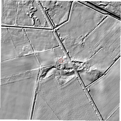 Shaded relief map of the ground around YO88JE, computed from Environment Agency LiDAR. The ground here sits at about 5 m above sea level and falls 9 m across the surrounding 800 m. Surface water reaching this point runs off ground lying to the east-south-east, 2.1 m higher.