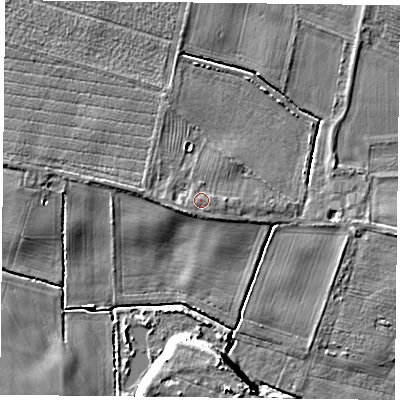 Shaded relief map of the ground around YO88JF, computed from Environment Agency LiDAR. The ground here sits at about 6 m above sea level and falls 12 m across the surrounding 800 m. Surface water reaching this point runs off ground lying to the west-south-west, 0.7 m higher.