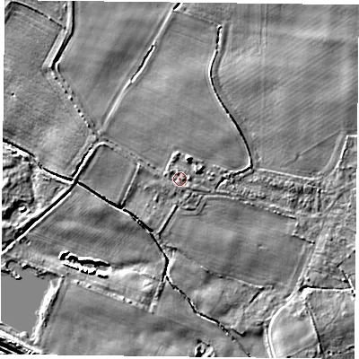 Shaded relief map of the ground around YO88JG, computed from Environment Agency LiDAR. The ground here sits at about 6 m above sea level and falls 6 m across the surrounding 800 m. Surface water reaching this point runs off ground lying to the north-north-west, 0.8 m higher.