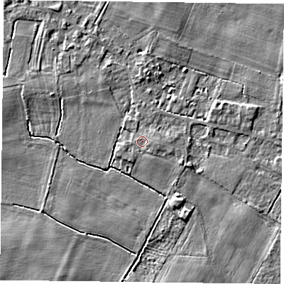 Shaded relief map of the ground around YO88JH, computed from Environment Agency LiDAR. The ground here sits at about 5 m above sea level and falls 4 m across the surrounding 800 m. Surface water reaching this point runs off ground lying to the east-south-east, 0.7 m higher.