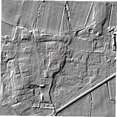 Shaded relief map of the ground around YO88JL, computed from Environment Agency LiDAR. The ground here sits at about 6 m above sea level and falls 5 m across the surrounding 800 m. Surface water reaching this point runs off ground lying to the west-south-west, 0.8 m higher.