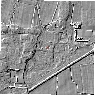 Shaded relief map of the ground around YO88JR, computed from Environment Agency LiDAR. The ground here sits at about 4 m above sea level and falls 5 m across the surrounding 800 m. Surface water reaching this point runs off ground lying to the east-south-east, 0.7 m higher.