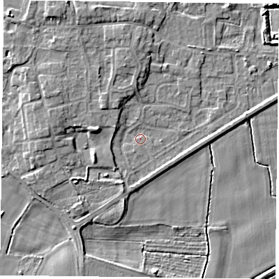 Shaded relief map of the ground around YO88JT, computed from Environment Agency LiDAR. The ground here sits at about 4 m above sea level and falls 6 m across the surrounding 800 m. Surface water reaching this point runs off ground lying to the west-north-west, 3.7 m higher.