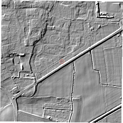 Shaded relief map of the ground around YO88JU, computed from Environment Agency LiDAR. The ground here sits at about 4 m above sea level and falls 5 m across the surrounding 800 m. Surface water reaching this point runs off ground lying to the west-south-west, 2.7 m higher.