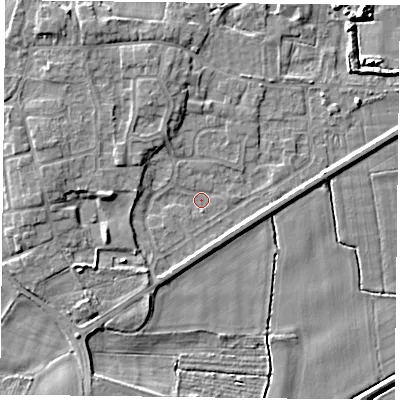 Shaded relief map of the ground around YO88JX, computed from Environment Agency LiDAR. The ground here sits at about 4 m above sea level and falls 5 m across the surrounding 800 m. Surface water reaching this point runs off ground lying to the west-north-west, 3.9 m higher.
