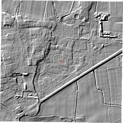 Shaded relief map of the ground around YO88JY, computed from Environment Agency LiDAR. The ground here sits at about 4 m above sea level and falls 5 m across the surrounding 800 m. Surface water reaching this point runs off ground lying to the north-north-west, 1.0 m higher.