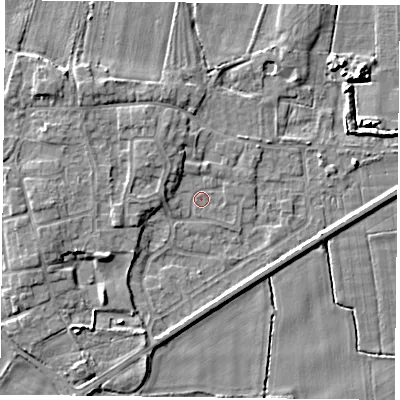 Shaded relief map of the ground around YO88JZ, computed from Environment Agency LiDAR. The ground here sits at about 4 m above sea level and falls 5 m across the surrounding 800 m. Surface water reaching this point runs off ground lying to the west-north-west, 2.7 m higher.