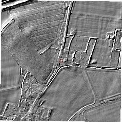 Shaded relief map of the ground around YO88LA, computed from Environment Agency LiDAR. The ground here sits at about 7 m above sea level and falls 4 m across the surrounding 800 m. Surface water reaching this point runs off ground lying to the west-north-west, 3.4 m higher.
