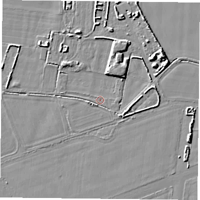 Shaded relief map of the ground around YO88LB, computed from Environment Agency LiDAR. The ground here sits at about 6 m above sea level and falls 6 m across the surrounding 800 m. Surface water reaching this point runs off ground lying to the west, 2.1 m higher.