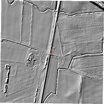Shaded relief map of the ground around YO88LD, computed from Environment Agency LiDAR. The ground here sits at about 6 m above sea level and falls 9 m across the surrounding 800 m. Surface water reaching this point runs off ground lying to the south-west, 1.4 m higher.