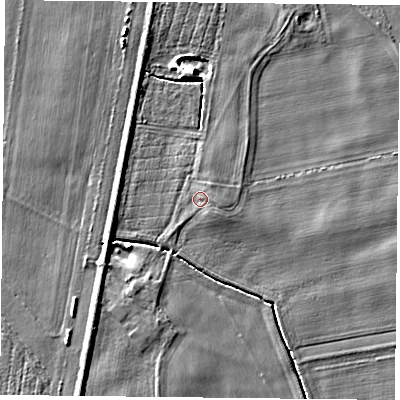 Shaded relief map of the ground around YO88LE, computed from Environment Agency LiDAR. The ground here sits at about 6 m above sea level and falls 4 m across the surrounding 800 m. Surface water reaching this point runs off ground lying to the east, 0.7 m higher.