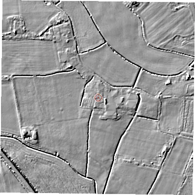 Shaded relief map of the ground around YO88LF, computed from Environment Agency LiDAR. The ground here sits at about 6 m above sea level and falls 5 m across the surrounding 800 m. Surface water reaching this point runs off ground lying to the east, 0.6 m higher.