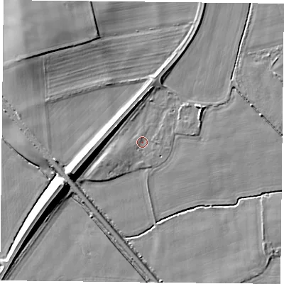 Shaded relief map of the ground around YO88LG, computed from Environment Agency LiDAR. The ground here sits at about 7 m above sea level and falls 11 m across the surrounding 800 m. Surface water reaching this point runs off ground lying to the west-south-west, 1.7 m higher.