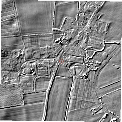 Shaded relief map of the ground around YO88LH, computed from Environment Agency LiDAR. The ground here sits at about 6 m above sea level and falls 5 m across the surrounding 800 m. Surface water reaching this point runs off ground lying to the north, 4.1 m higher.