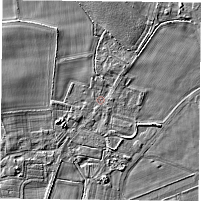 Shaded relief map of the ground around YO88LJ, computed from Environment Agency LiDAR. The ground here sits at about 6 m above sea level and falls 5 m across the surrounding 800 m. Surface water reaching this point runs off ground lying to the west-south-west, 4.0 m higher.